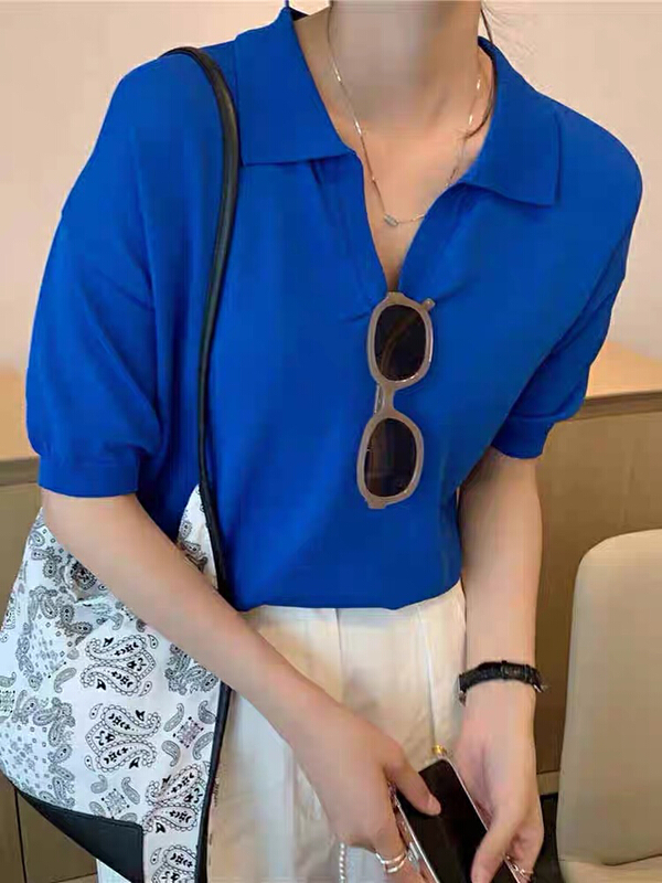 New year in early spring! [F.P.] aging Lapel solid color loose and versatile short sleeve sweater c531# HBx