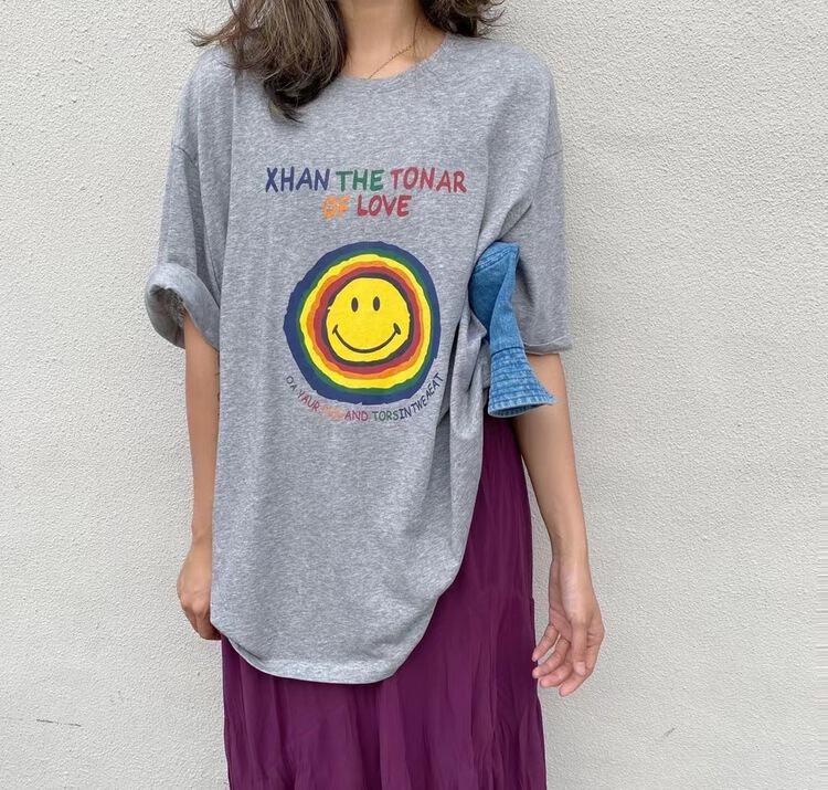 New in early summer! [one seven] smiling face print loose Vintage short sleeve T-shirt t6336# LSL