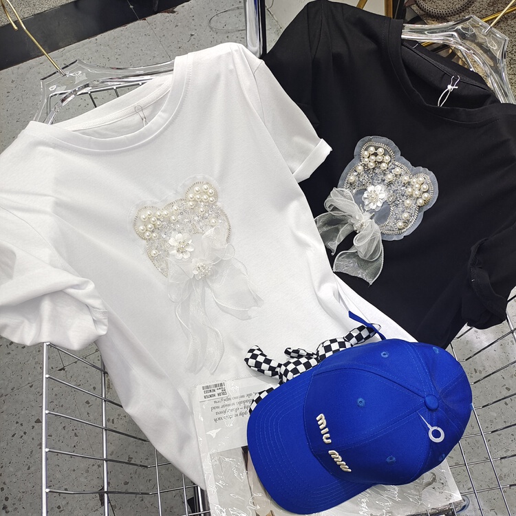 [Yilin] heavy industry Beaded bear Korean fashion versatile short sleeve T-shirt 2278# WTT