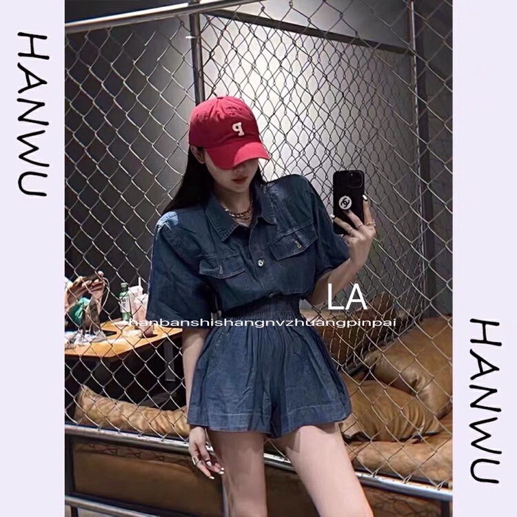 [laqssy] Korean loose denim shirt + casual shorts two piece suit 9880# LSL
