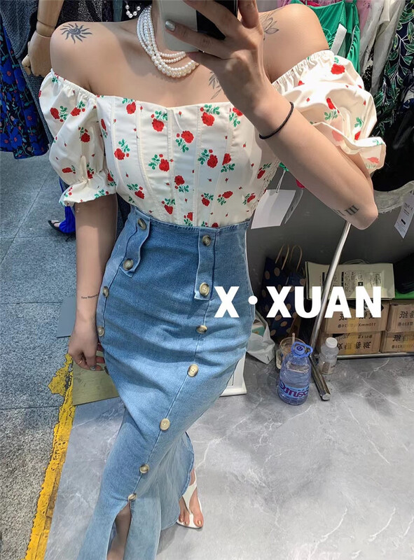 New in early summer! [x.xan] French square neck printed thin fishbone blouse 6161# PCZ