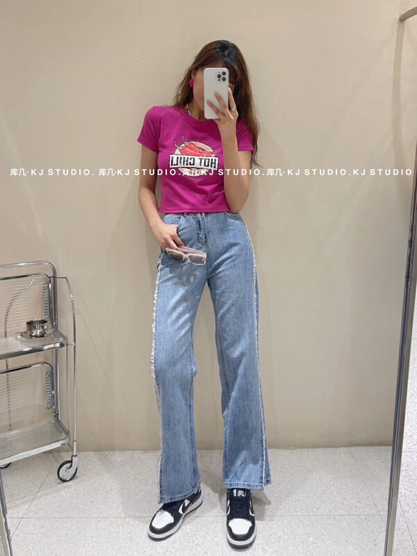 New in early summer! [kJ] Korean version of simple woolen fringe split wide leg jeans 2877# zxl