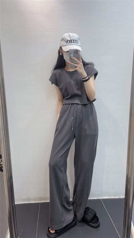 [sk-11] round neck simple short sleeve T-shirt + Elastic Waist Wide Leg casual pants set 333# XYJ