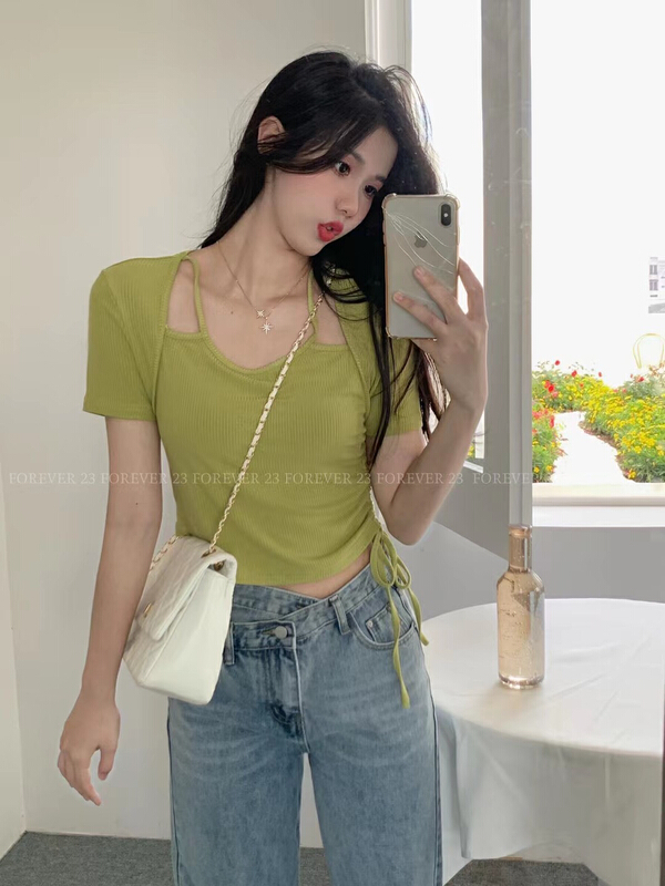 New in early summer! [forever23] design sense drawstring shows thin and versatile blouse 752# hjy