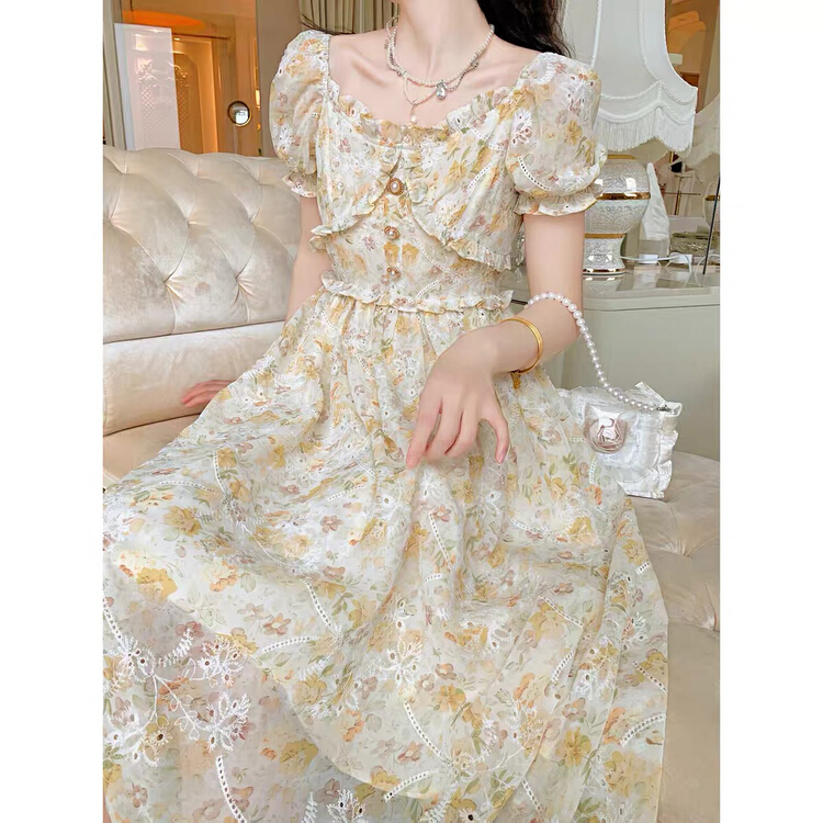 [Huaxi] gentle wind fragmentary French style high waist thin dress 8750# PCZ
