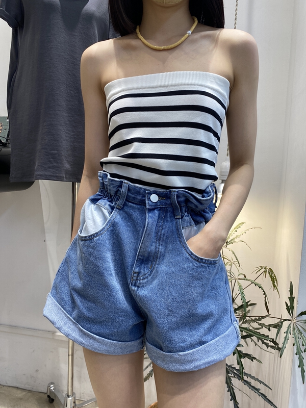 [Zada] Korean color blocking pocket design denim shorts 3277# WTT