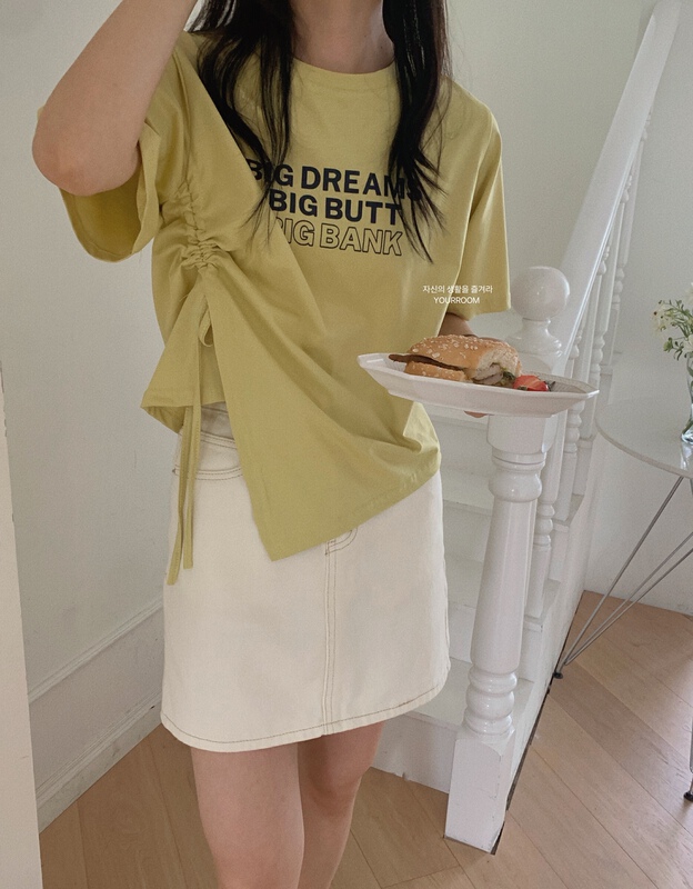 [your room] Korean letter drawstring design Short Sleeve T-shirt 7208# cqw