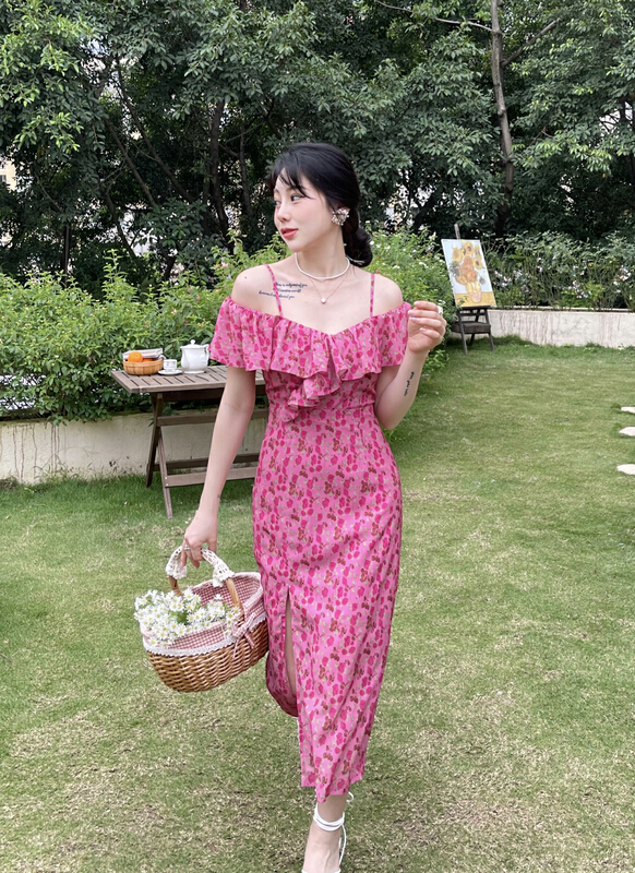 [mi2] French style print suspender off shoulder dress ys1-e9304# JJ