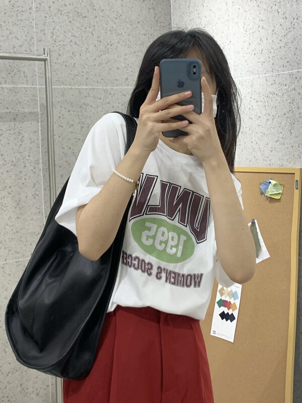 New in early summer! [meet + studio] shoulder pad letter printed short sleeve T-shirt (with shoulder pad) 52323# LSL