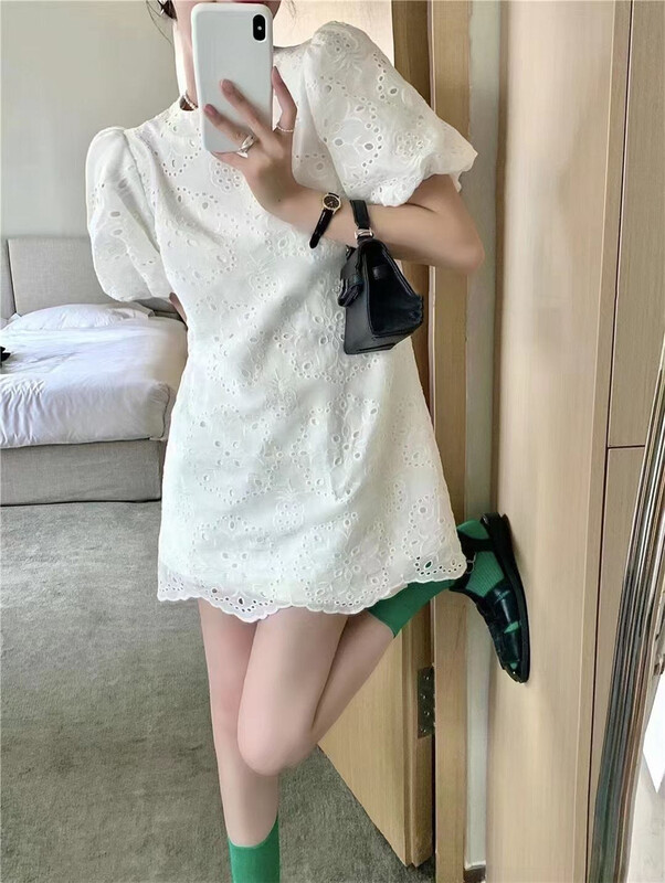 New in early summer! [if shop] French hollow out bubble sleeve dress 2096# CLS