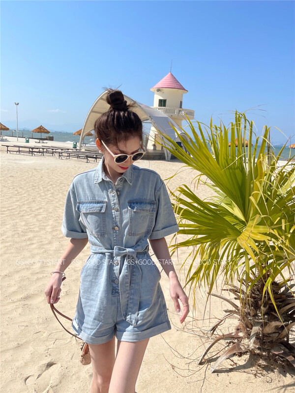 goods in stock! New in early summer! [GS. Good star] Korean style large pocket loose denim one-piece pants (with belt) 22907# hjy