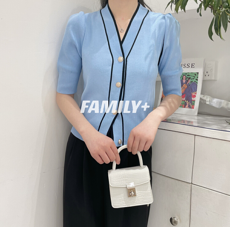New in early summer! [family +] V-neck temperament small fragrance color contrast knitted cardigan 22219# ozq
