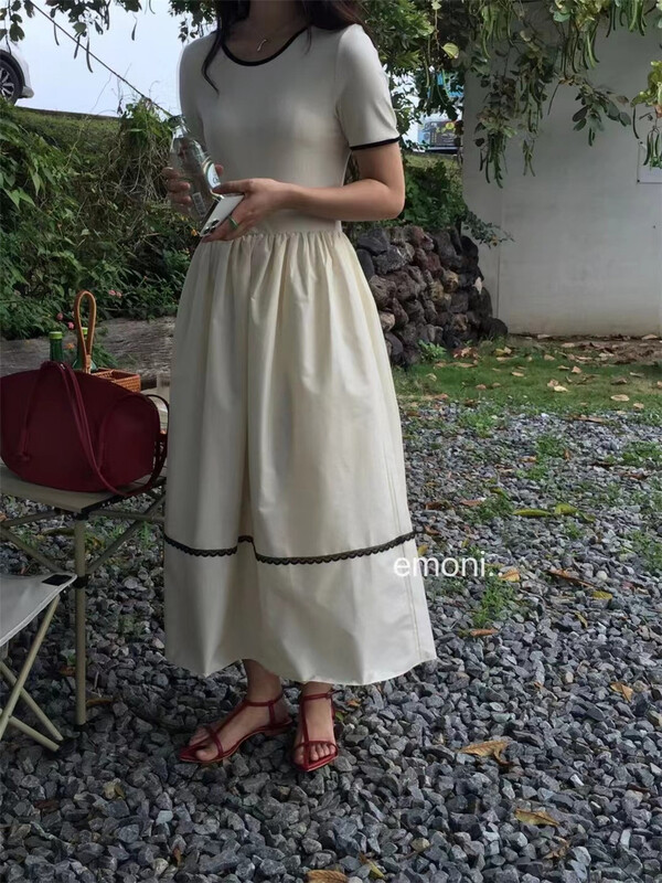 [emoni] Korean round neck color matching dress 10966# CLS