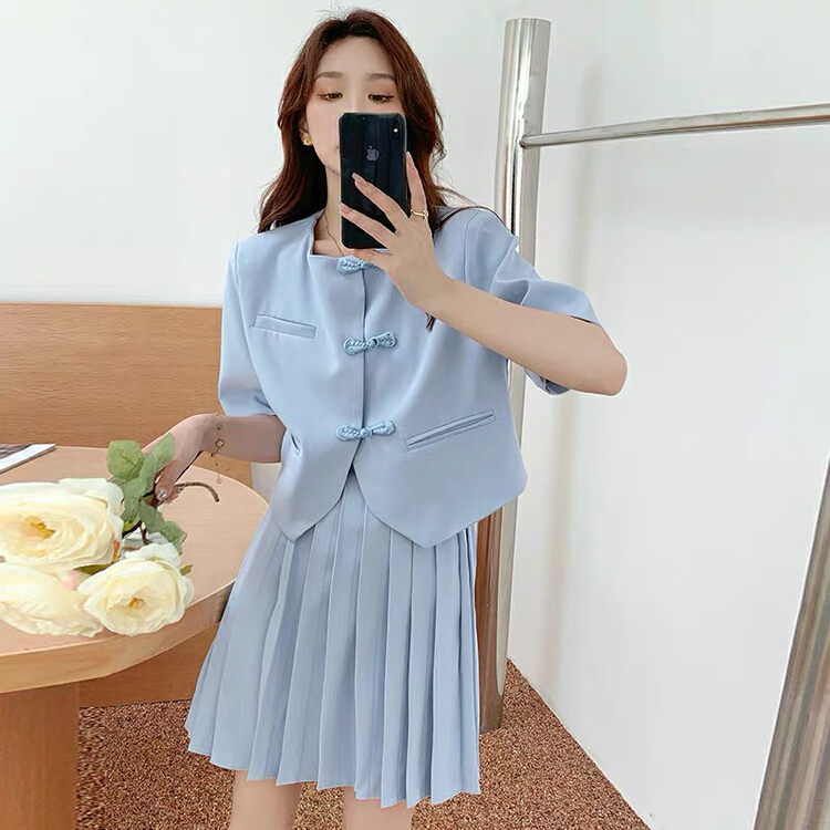 New in early summer! [JH] Chinese style coil button short sleeved top + pleated skirt suit 41370# PCZ