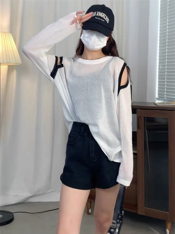 [my darling] Korean ice silk off shoulder hollow Pullover sunscreen shirt 6857# WTT