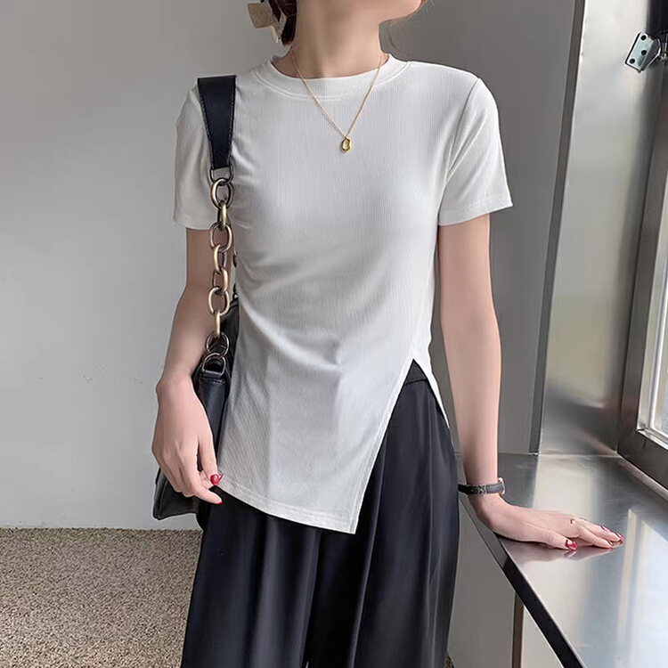 New year in early spring! [blue show] simple hem slit design Short Sleeve T-shirt 850# LSW