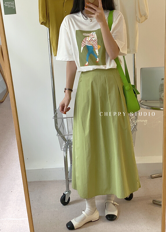 New in early summer! [cherrystudio] Korean breasted decorative pleated medium length skirt 5091# HBx