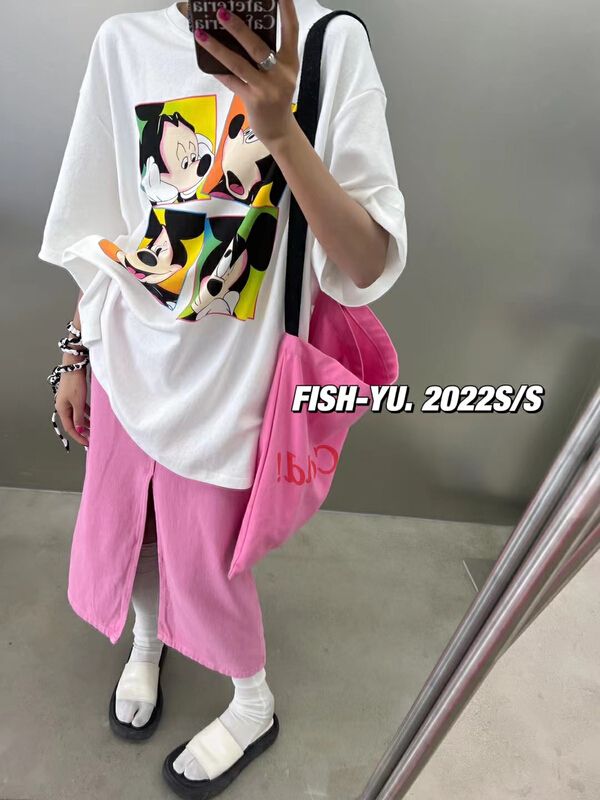 初夏上新!【 FISH YU 】米奇水印後背蝴蝶結拼接雪紡短袖T恤  22111#  LSL