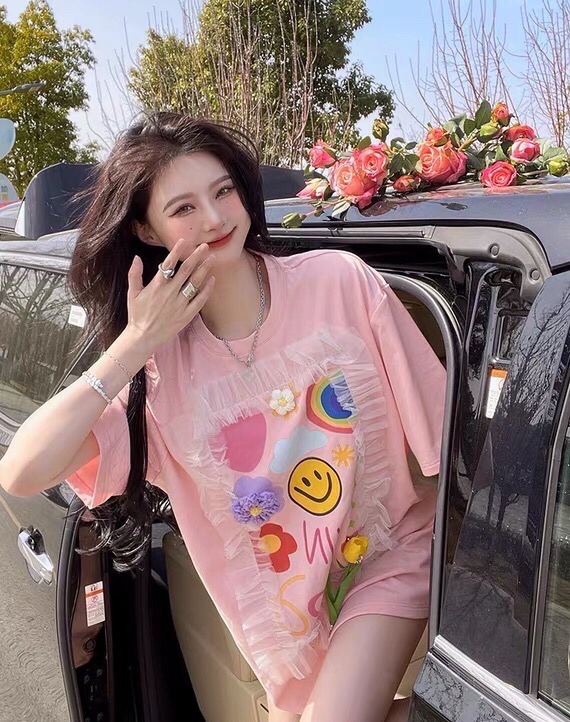 [wlady] Korean mosaic lace flower short sleeve T-shirt ys1-372# WTT