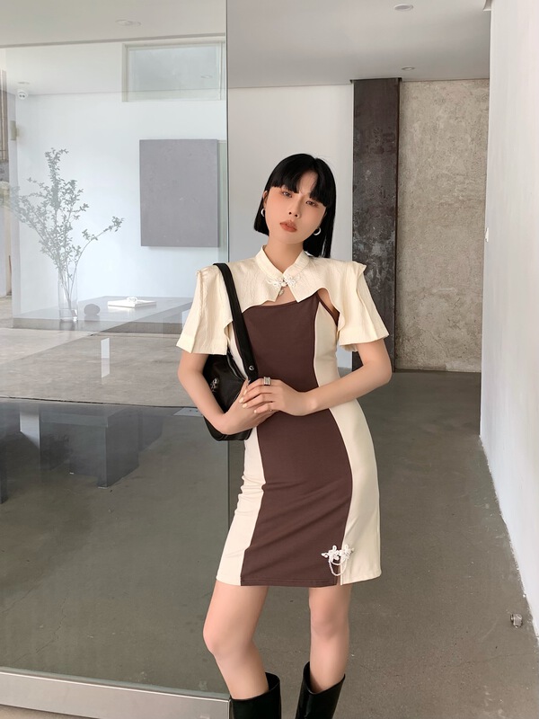 [pink Pinker] Korean short sleeved blouse + color blocking and crimping versatile dress set 82351# LSL