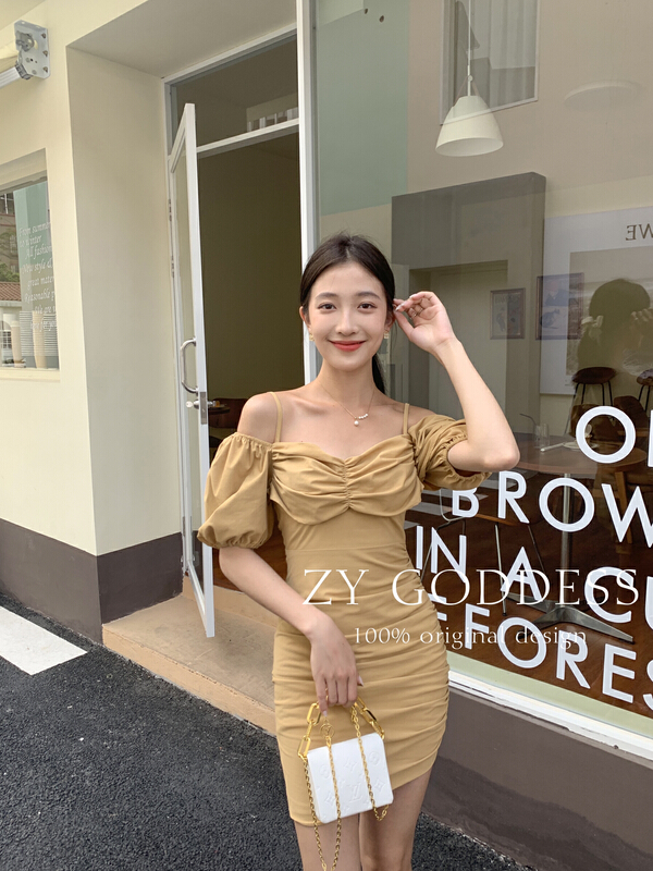 New in early summer! [ZY] French one neck off shoulder suspender dress 68227# ozq