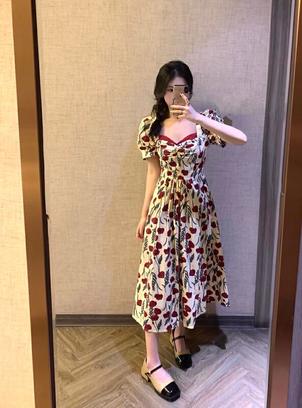 [x · h studio] Korean high waist bubble short sleeve dress 3364# ozq
