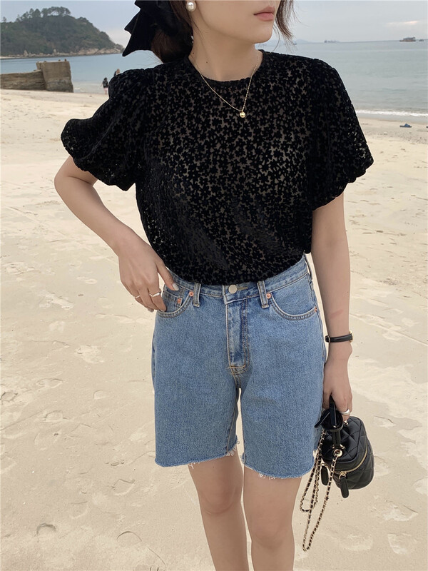 [I think] solid color textured bubble sleeve short sleeve T-shirt 66251# CLS