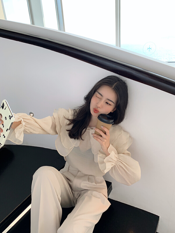 [finoa] ruffled large lapel Korean clean color chiffon shirt 10095# CLS
