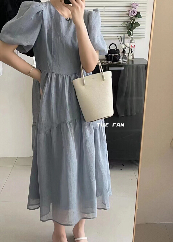 [the fan] linen bubble sleeve sweet dress 500522# zxx