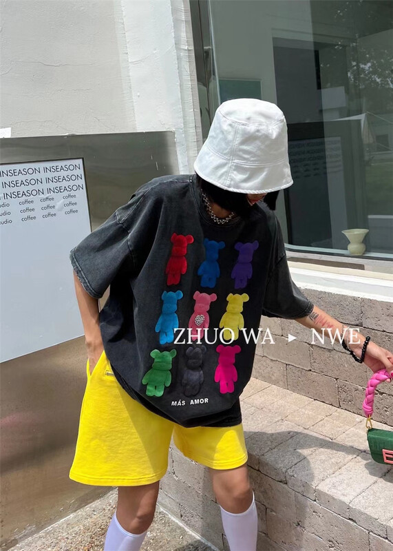 [buyer Yan Xuan zhuowa] colorful bear round neck loose short sleeve T-shirt 2988# Cl