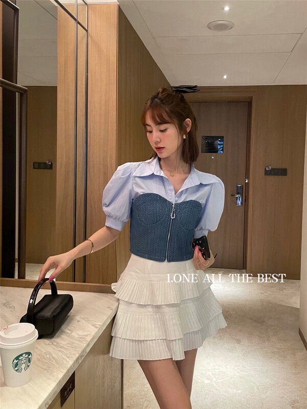 [1. One] Korean fashion bubble sleeve short shirt 8072# WPL