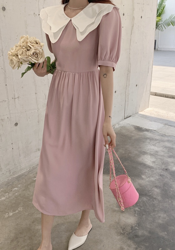 [Aishan] Korean color blocking Ruffle bubble sleeve dress 11390# cqw