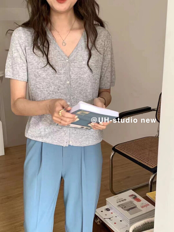 goods in stock! [uh] Korean fashion simple short sleeved knitted cardigan 7719# hjy