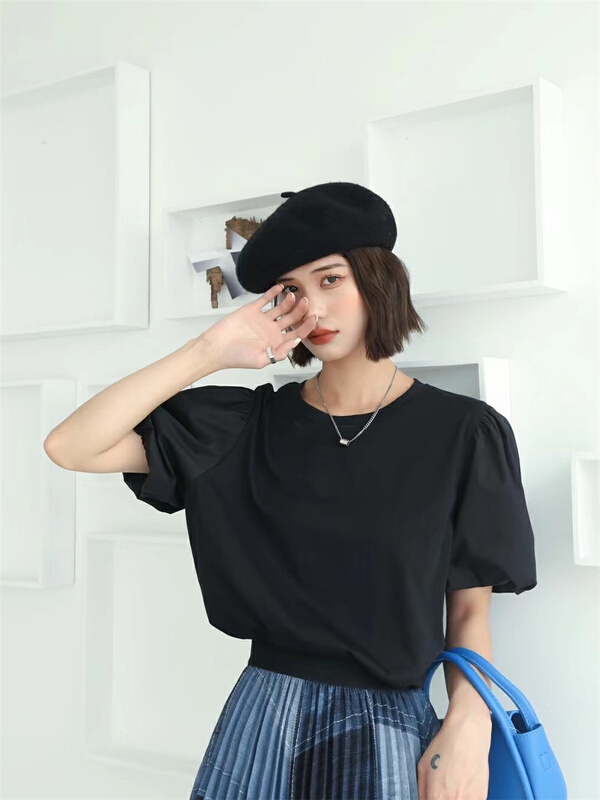 New in early summer! [black + white] bubble sleeve loose and versatile short sleeve T-shirt 2067# XYJ