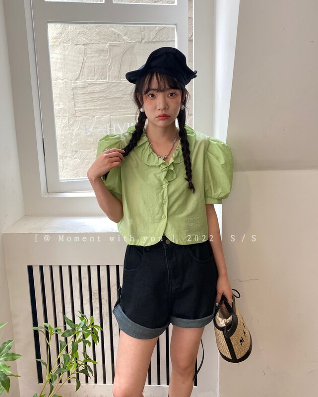 [moment with you] Korean style bubble sleeve foreign style short shirt t0396-j# LSW