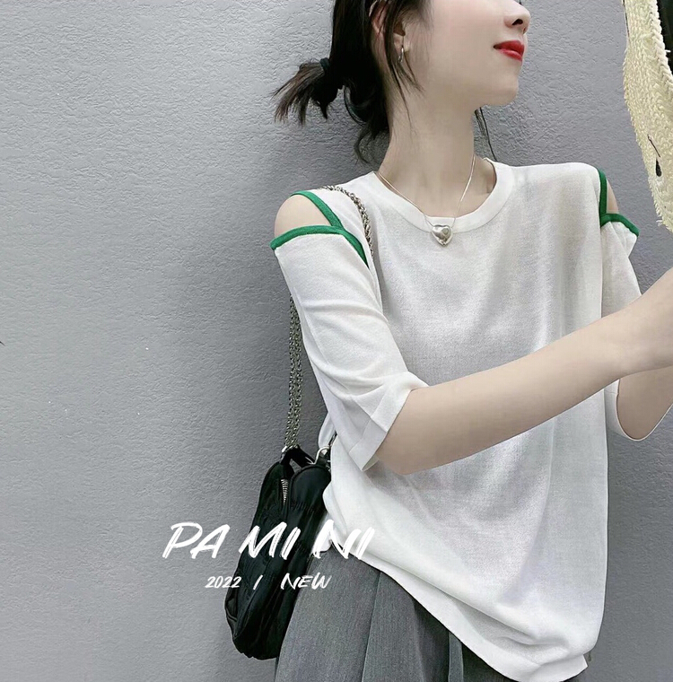 New in early summer! [pamini] off the shoulder contrast color binding versatile loose ice silk sweater 298# Cl