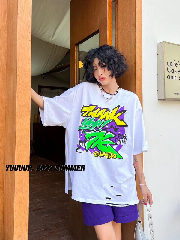 [yuup] graffiti letters 3D direct jet printing cut holes short sleeve T-shirt 622123# LSL