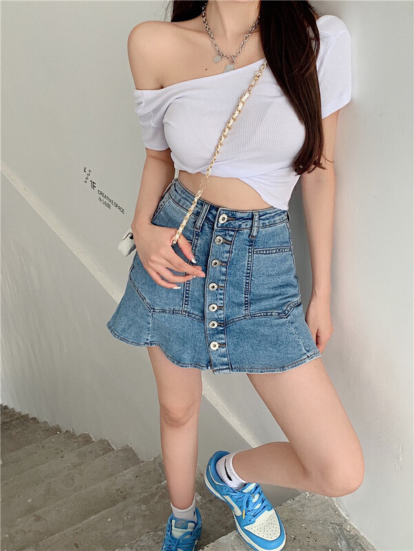 [ten. Ten] Korean Chic Vintage breasted high waist slim denim skirt 3956# WPL