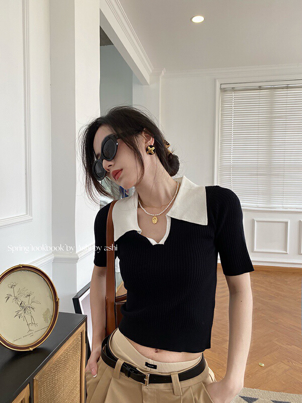 [wgwe] French color contrast polo collar shirt (excluding matching) 1614# PCZ