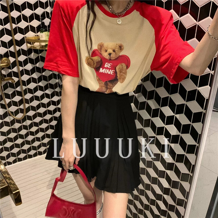 "LUUUKI" bear color matching loose short sleeve T-shirt 23067# OZQ