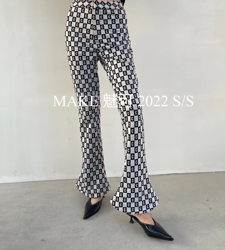 goods in stock! [make Meike] foreign style checkerboard letter high waist trousers 59881# XJ