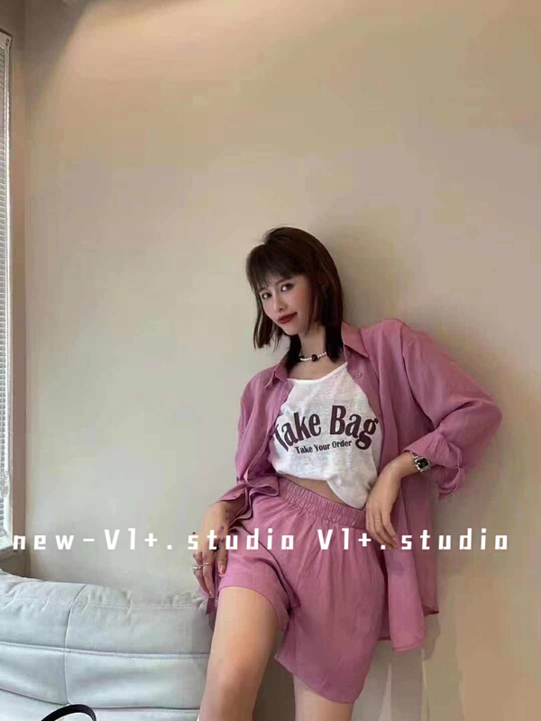 [VI +] fashion suspender Vest + simple and versatile shirt + loose and slim casual Shorts Set 8212# LSW