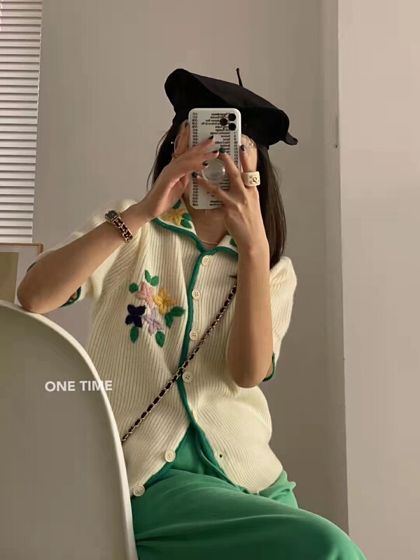 New year in early spring! [pan] fashion literature and art fresh heavy craft embroidery short sleeved knitted cardigan 00230# PCZ