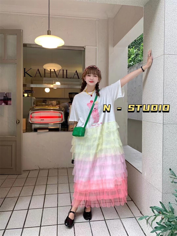 【N】 Rainbow mesh stitching crimped bear dress 0843# WTT