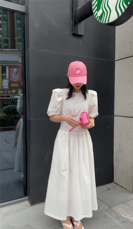 [liger] lady round neck bubble sleeve waist length skirt dress 1475# WPL