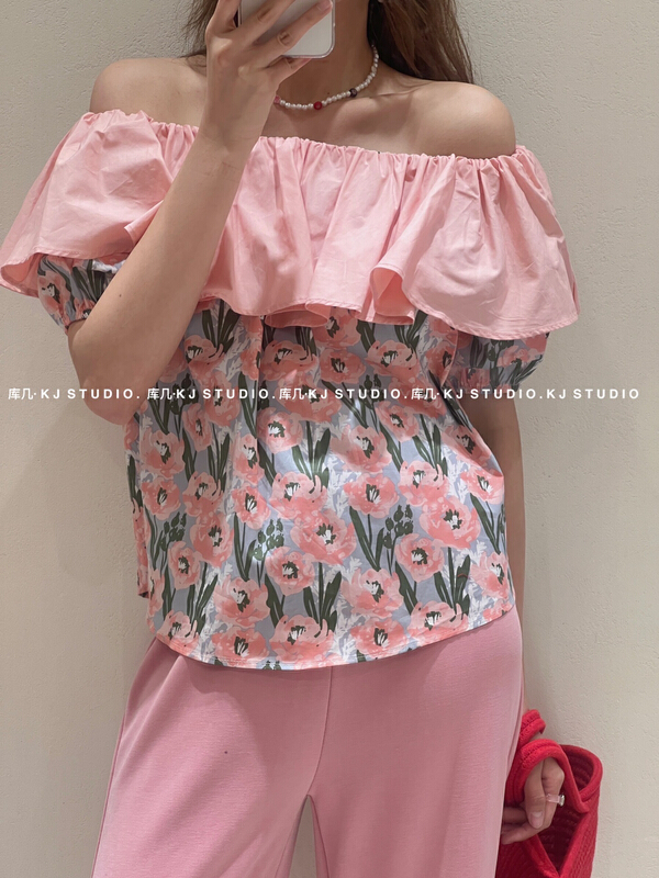 New in early summer! [kJ] Korean cotton large flower color contrast stitched one shoulder blouse 3268# zxl