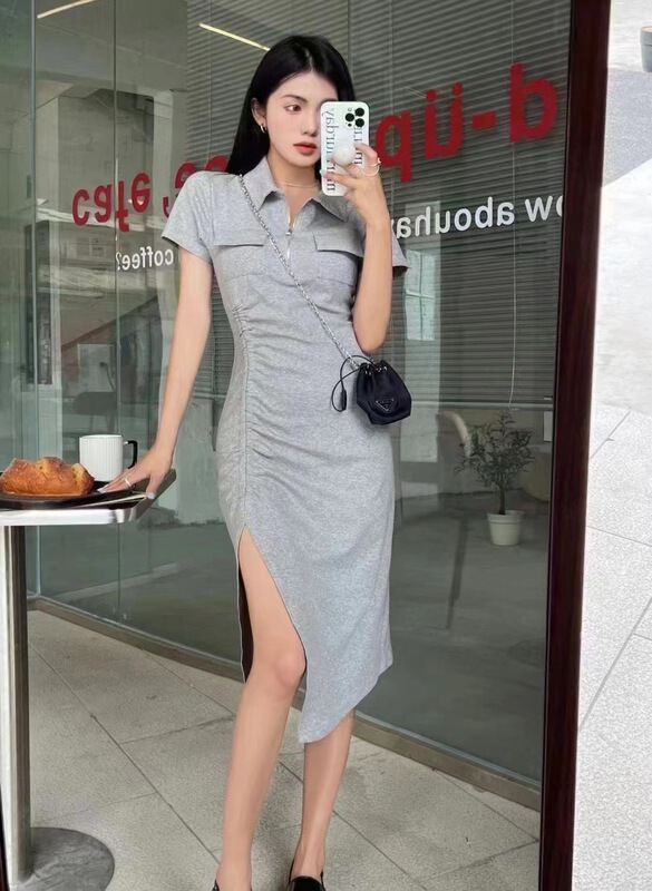 [top] Korean Polo neck drawstring short sleeve dress 3083# zjy