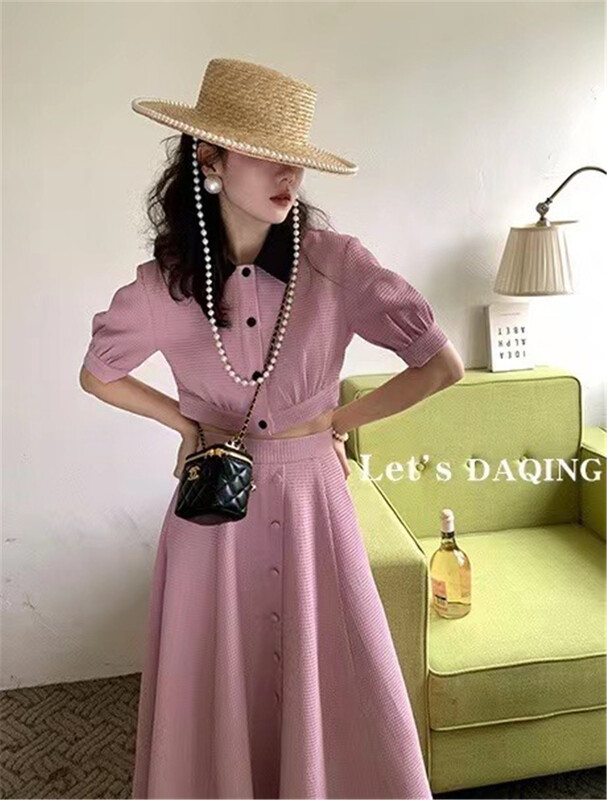 [Linna] Korean color contrast collar short shirt + large swing temperament skirt suit 124612# zxx