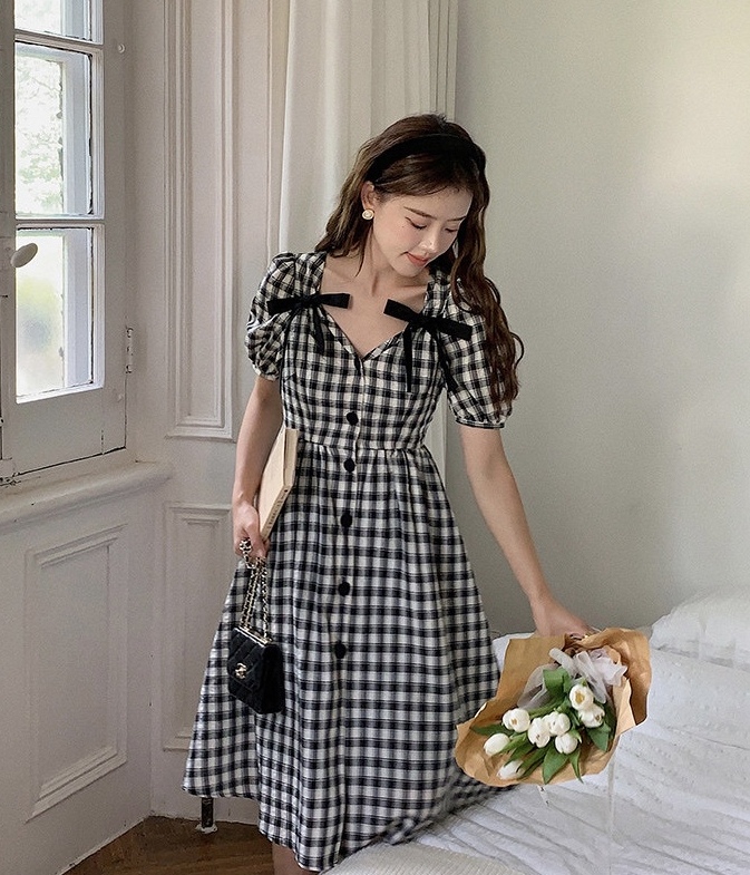 [smile baby] French Vintage Lace Up bow bubble sleeve dress b2812# WPL