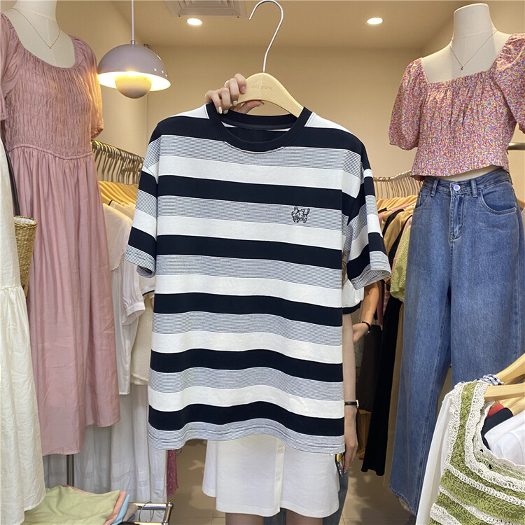 [cepar] stripe based versatile short sleeve T-shirt 7199# hjy